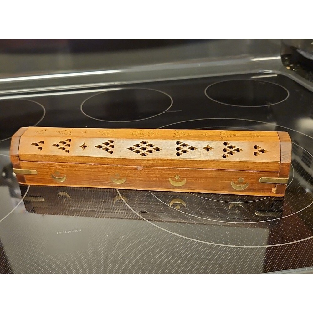 Vintage Wooden Incense Holder Brass Inlaid Stars & Moon w/ Hidden Compartment